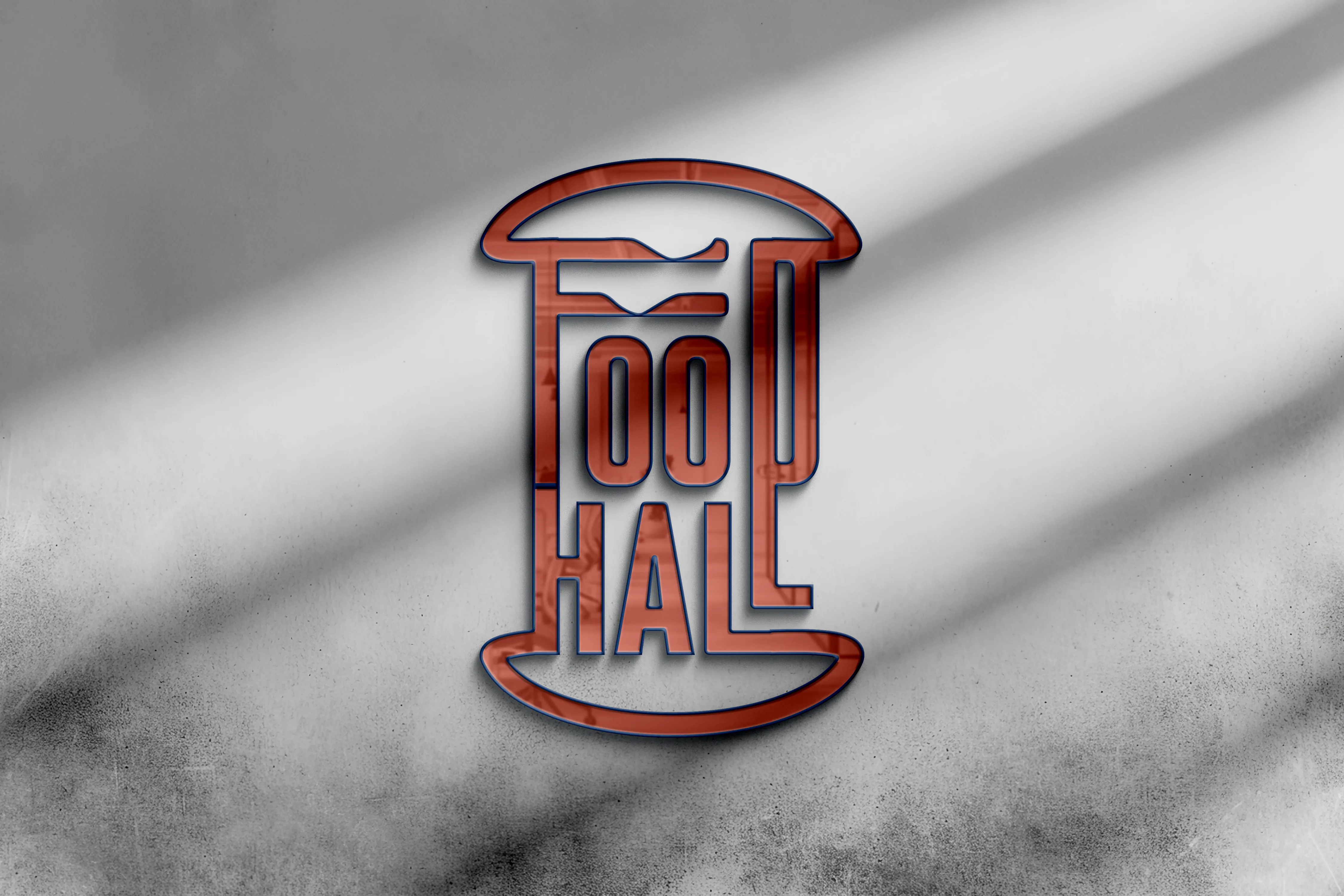 Gri duvarda panel Food Hall tabelası, mockup