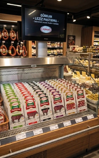 Market rafında dizilmiş ambalajlar ve üstünde Gürkan Leziz Pastırma yazan ekran