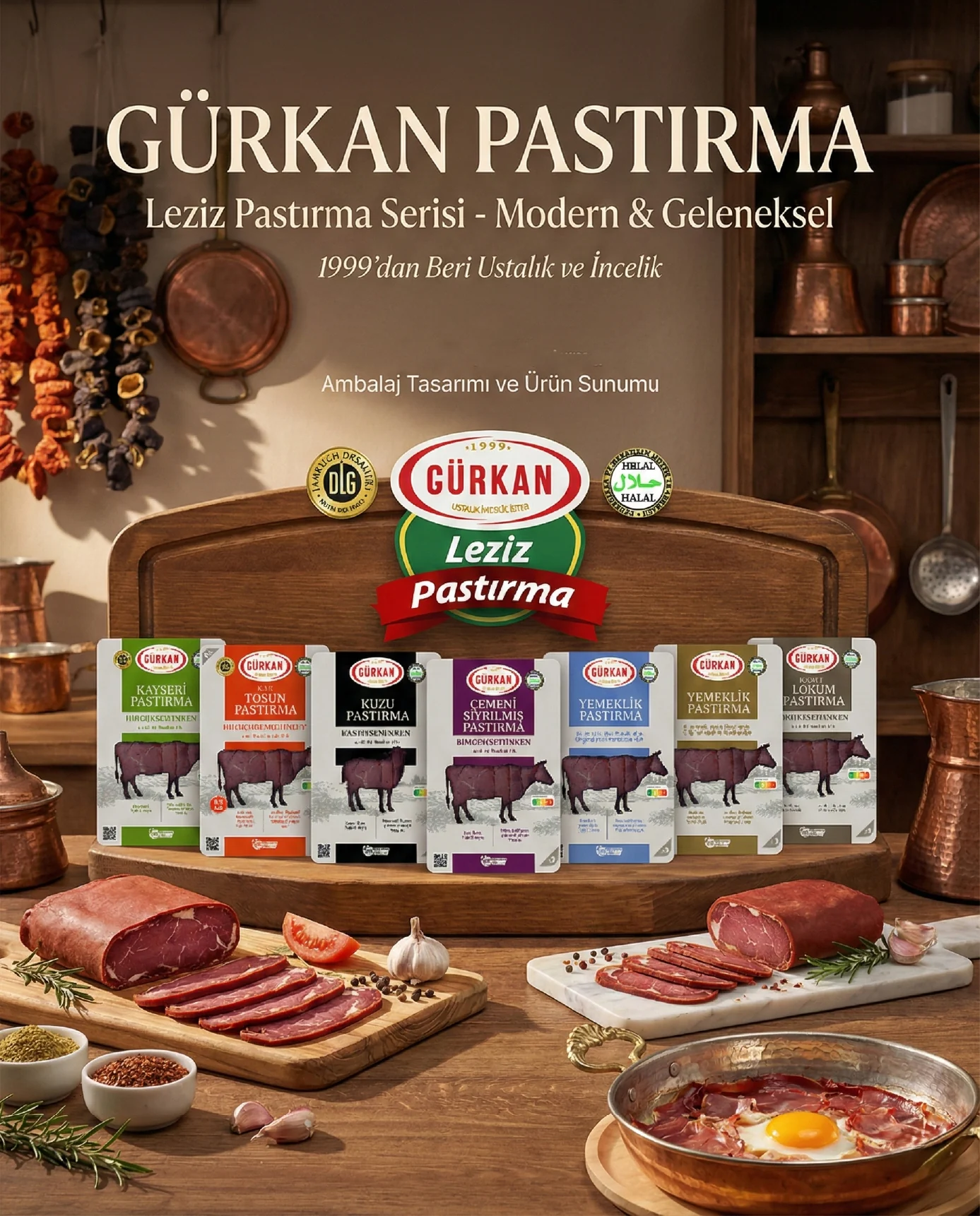 Sunum panosu: GÜRKAN PASTIRMA başlığı, Leziz Pastırma Serisi, kesme tahtasında yedi ambalaj, önünde dilimlenmiş pastırma ve sahanda sucuklu yumurta
