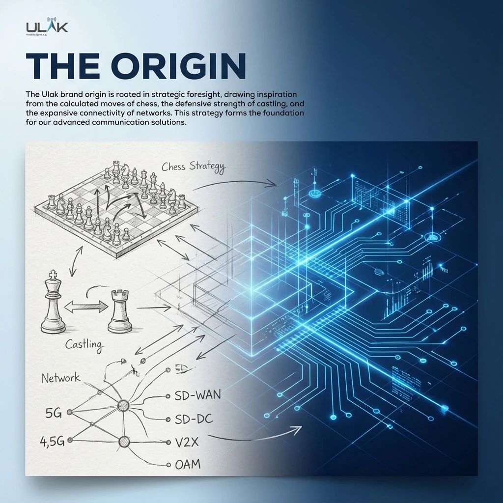 Köken sayfası: solda satranç stratejisi, rok ve ağ mimarisinin kalem eskizi, sağda aynı fikrin mavi devre ve hologram ızgarası; üstte ULAK logosu ve "The Origin" başlığı