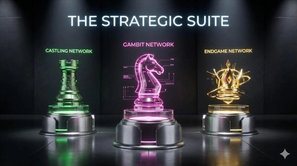 Üç cam ve metal kürsüde üç alt marka sembolü: yeşil kale Castling Network, pembe at Gambit Network, altın taç Endgame Network; karanlık salonda neon ışıkla